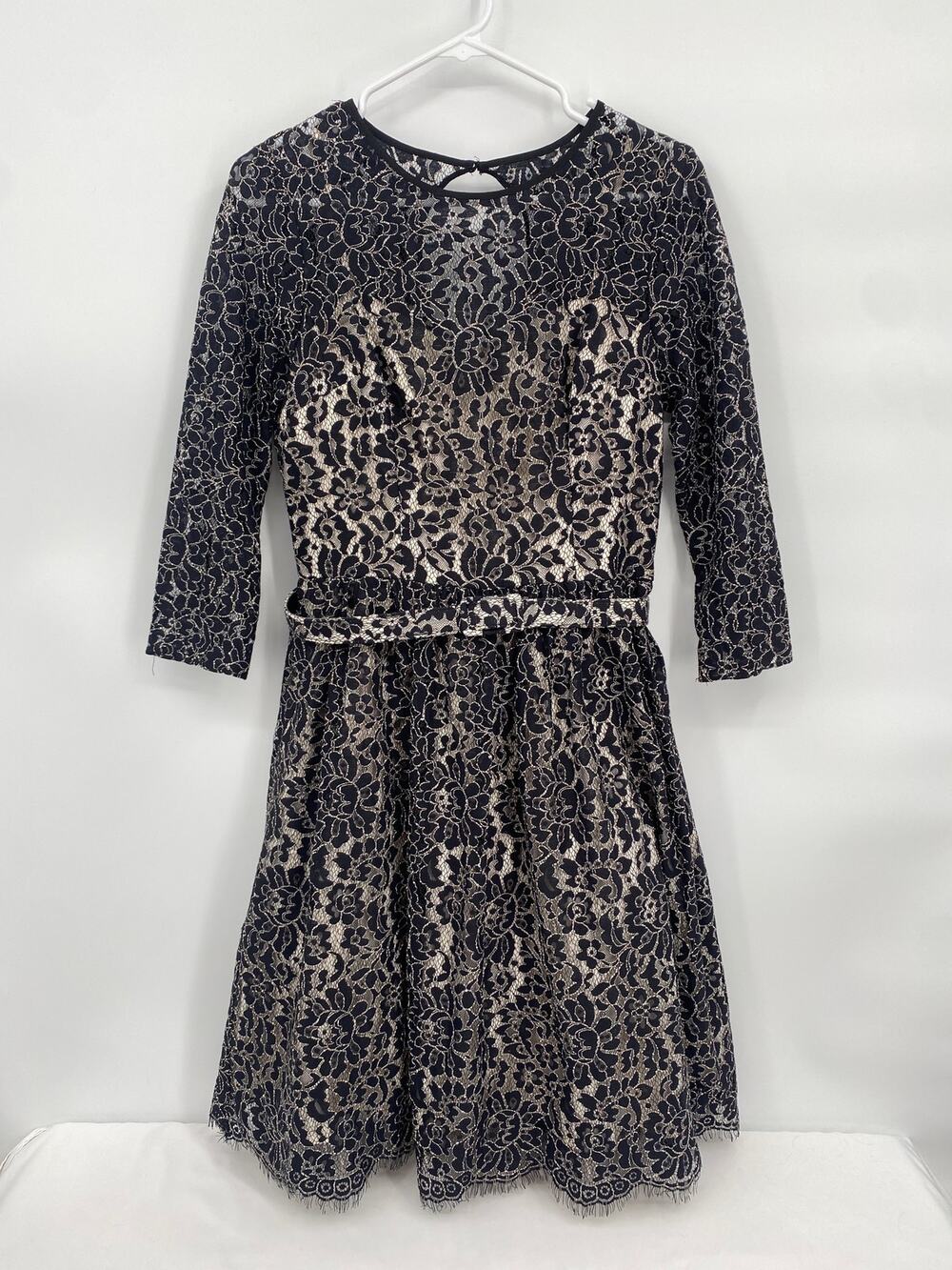 Eliza J Black Lace Overlay Tan Lined Cocktail Dress Belt Long Sleeve 6